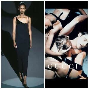 Gucci Tom Ford 1997 Runway Black Gown Leather Harness Maxi Dress 44 Vintage NWT
